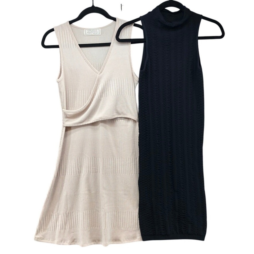 Sinuous BCBGeneration Mini Dress Bundle Womens XS S Beige Black Ribbed Mock Wrap